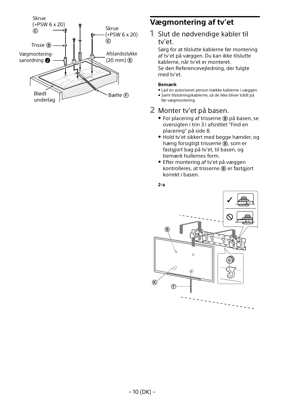 Vægmontering af tv'et, Slut de nødvendige kabler til tv'et, Monter tv'et på basen | Sony KDL-55W805B User Manual | Page 109 / 321