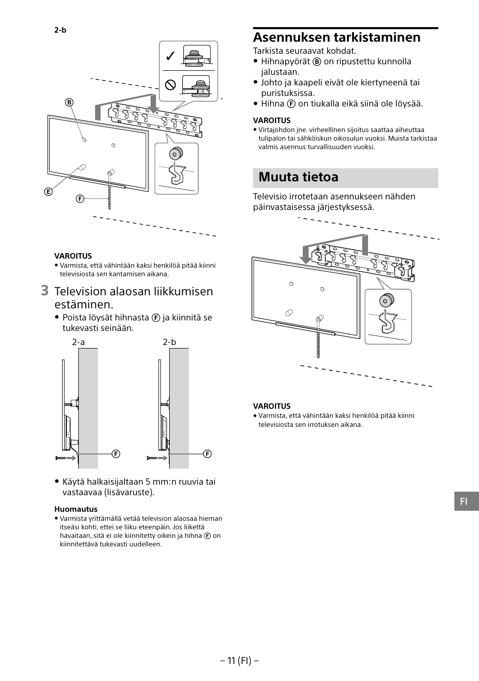 Asennuksen tarkistaminen, Muuta tietoa, Television alaosan liikkumisen estäminen | Sony KDL-55W805B User Manual | Page 121 / 321
