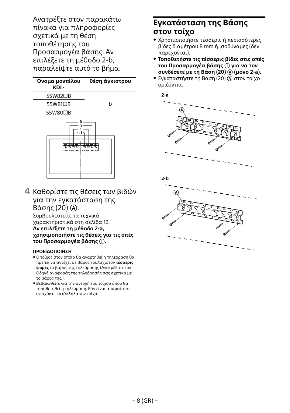 Εγκατάσταση της βάσης στον τοίχο | Sony KDL-55W805B User Manual | Page 140 / 321