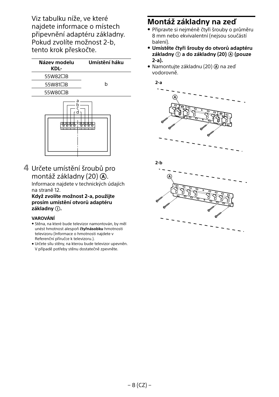 Montáž základny na zeď, Určete umístění šroubů pro montáž základny (20) | Sony KDL-55W805B User Manual | Page 173 / 321