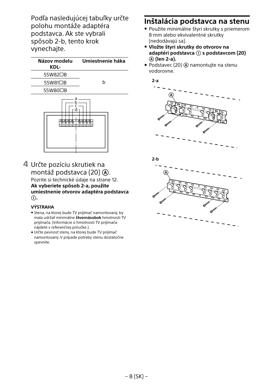 Inštalácia podstavca na stenu, Určte pozíciu skrutiek na montáž podstavca (20) | Sony KDL-55W805B User Manual | Page 184 / 321