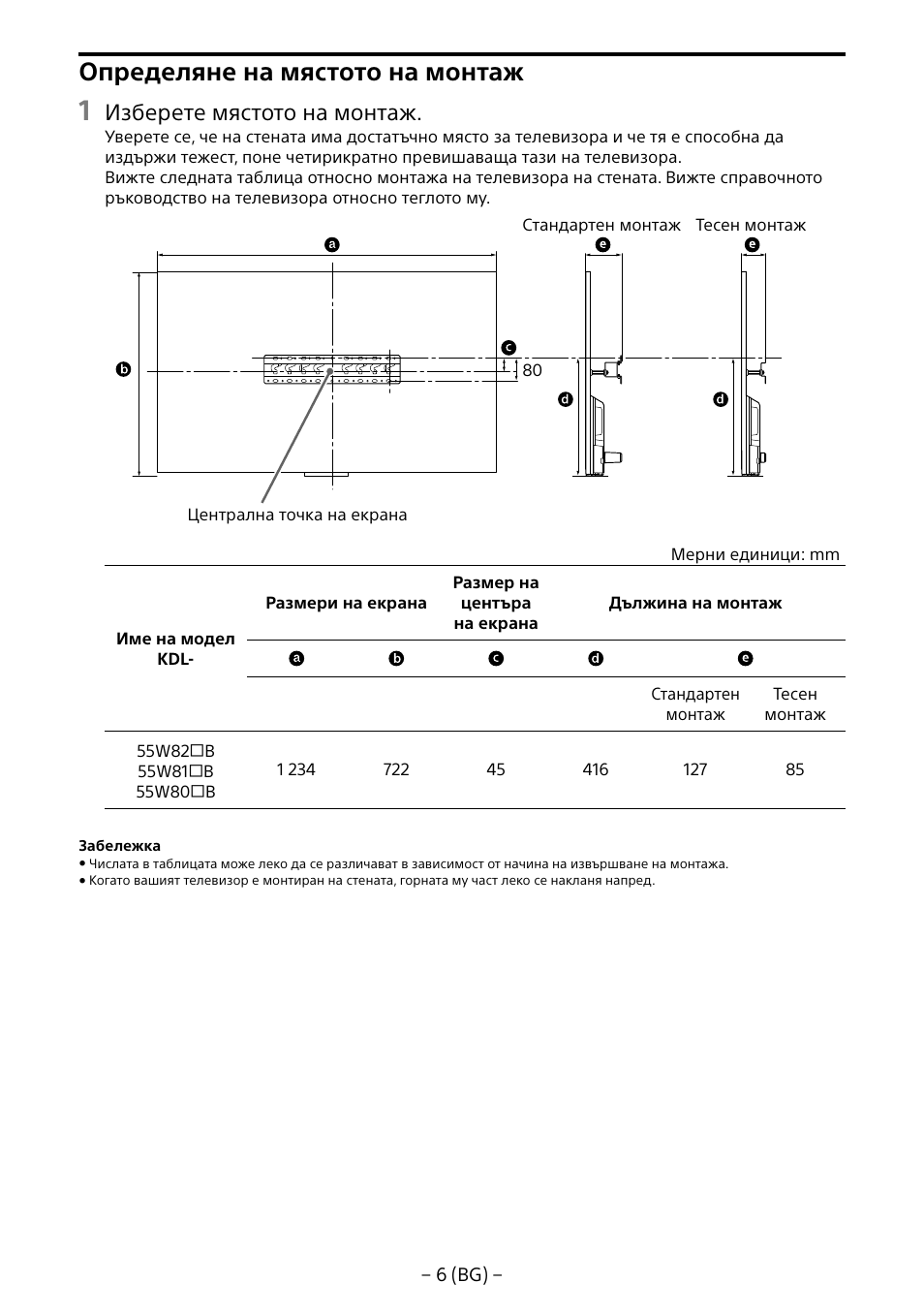 Определяне на мястото на монтаж, Изберете мястото на монтаж | Sony KDL-55W805B User Manual | Page 204 / 321