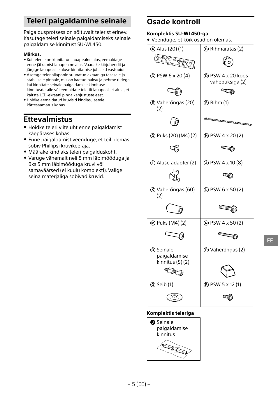 Teleri paigaldamine seinale, Ettevalmistus, Osade kontroll | Sony KDL-55W805B User Manual | Page 237 / 321