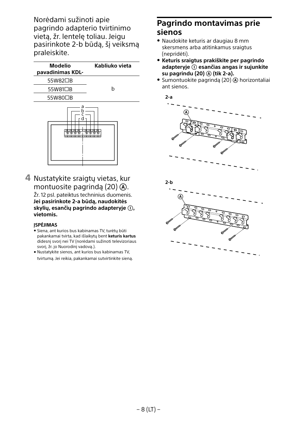 Pagrindo montavimas prie sienos | Sony KDL-55W805B User Manual | Page 262 / 321