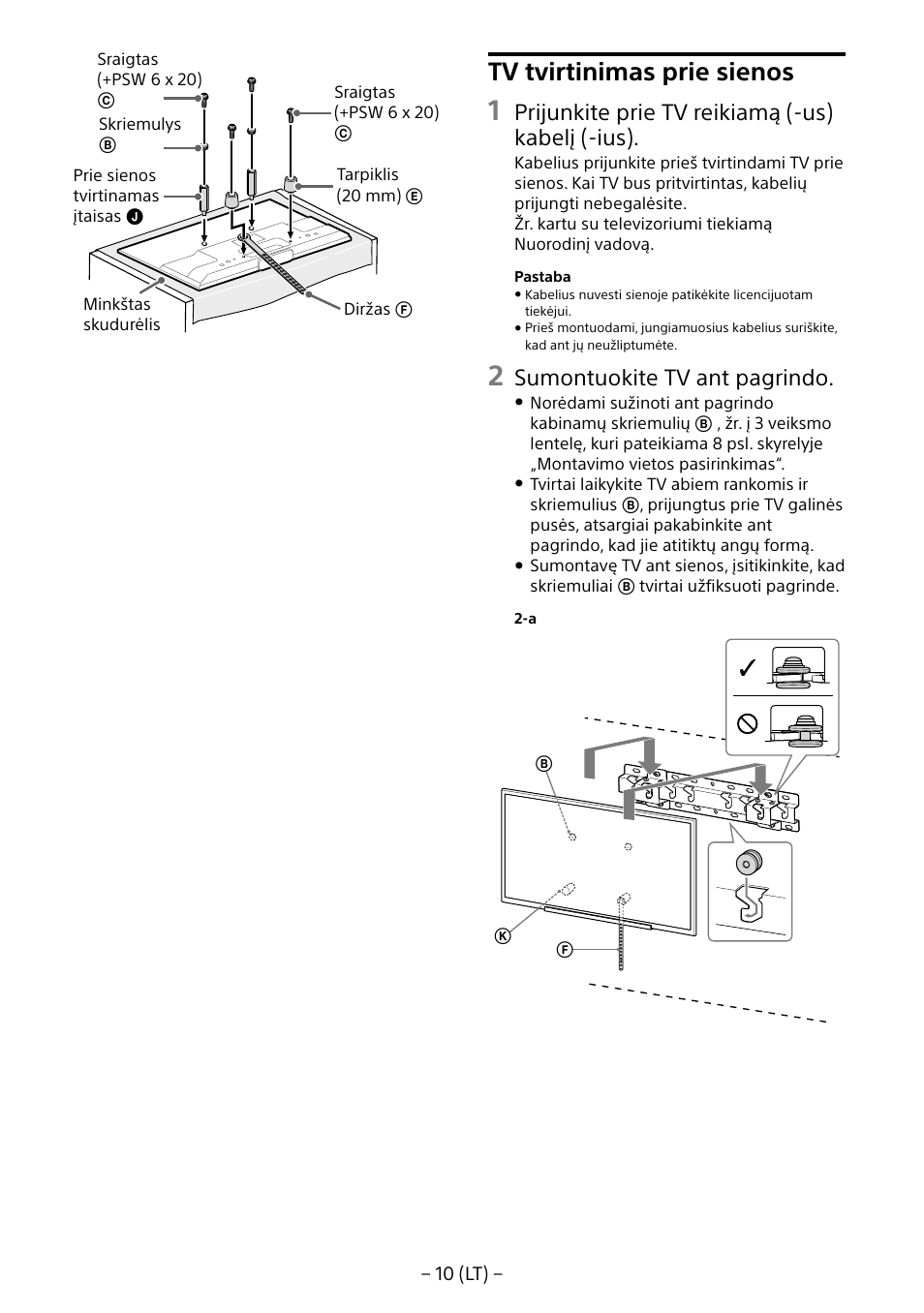 Tv tvirtinimas prie sienos, Prijunkite prie tv reikiamą (-us) kabelį (-ius), Sumontuokite tv ant pagrindo | Sony KDL-55W805B User Manual | Page 264 / 321