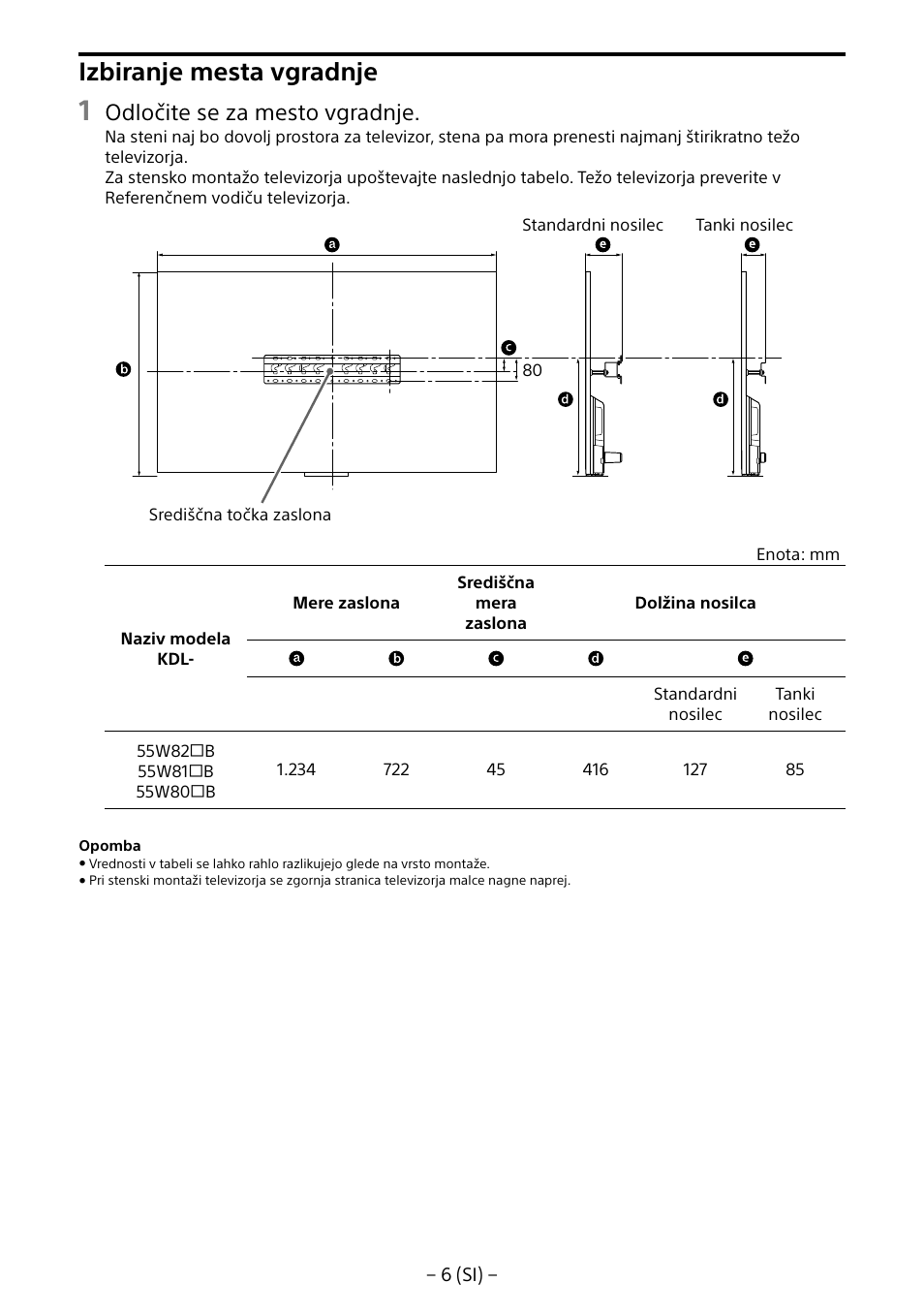Izbiranje mesta vgradnje, Odločite se za mesto vgradnje | Sony KDL-55W805B User Manual | Page 271 / 321