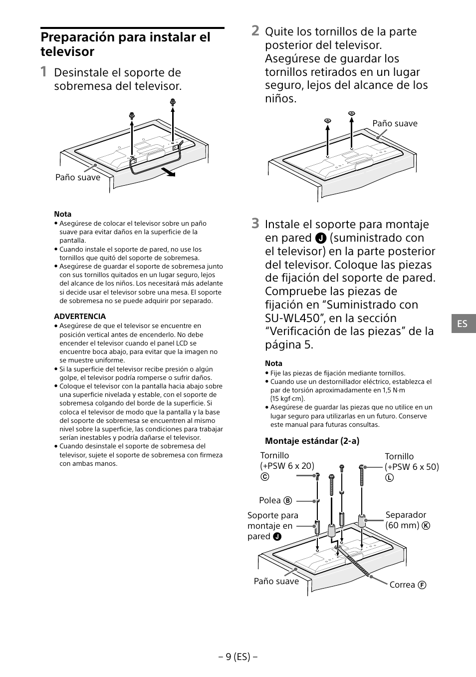 Preparación para instalar el televisor, Desinstale el soporte de sobremesa del televisor | Sony KDL-55W805B User Manual | Page 31 / 321