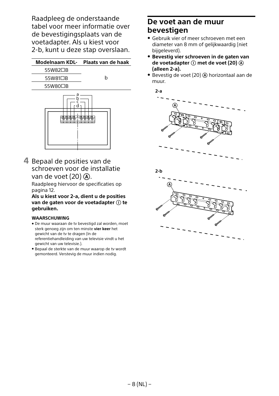 De voet aan de muur bevestigen | Sony KDL-55W805B User Manual | Page 52 / 321