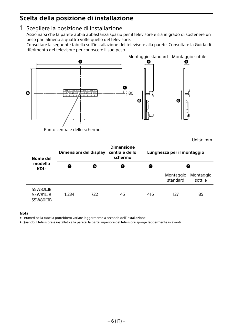 Scelta della posizione di installazione, Scegliere la posizione di installazione | Sony KDL-55W805B User Manual | Page 61 / 321
