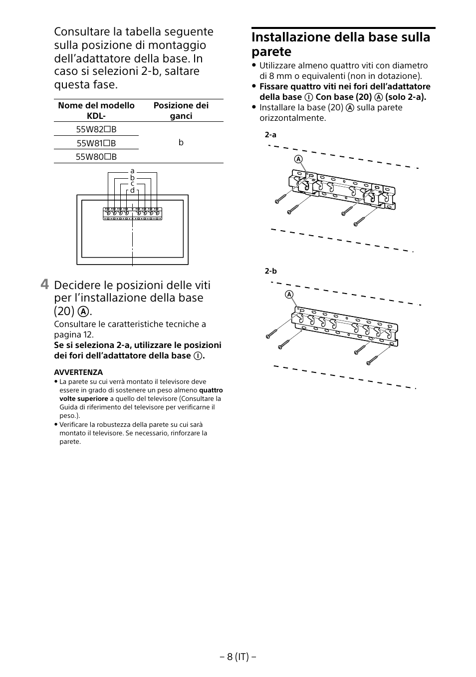 Installazione della base sulla parete | Sony KDL-55W805B User Manual | Page 63 / 321