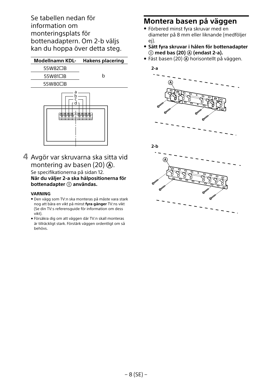 Montera basen på väggen | Sony KDL-55W805B User Manual | Page 74 / 321