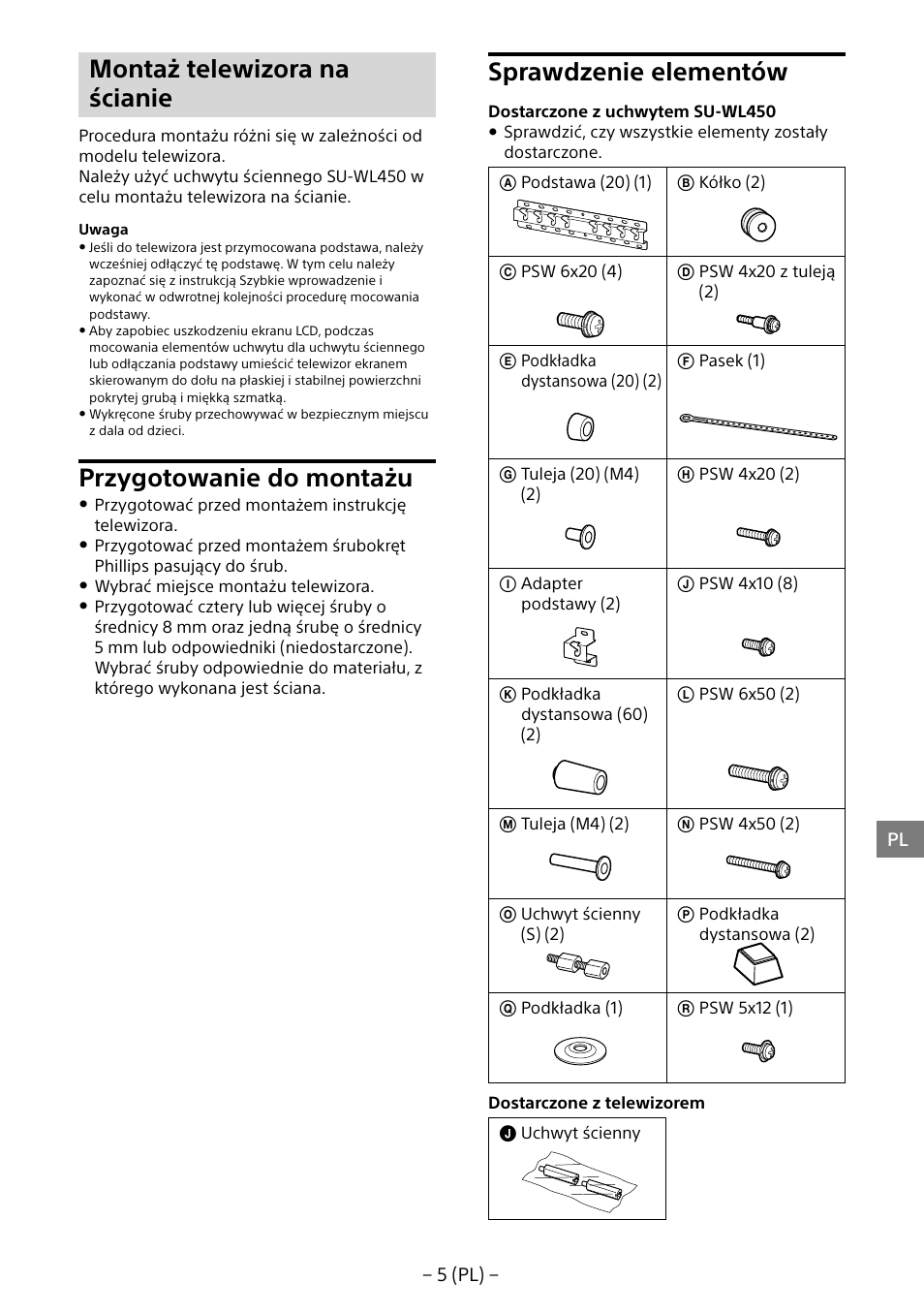 Montaż telewizora na ścianie, Przygotowanie do montażu, Sprawdzenie elementów | Sony KDL-55W805B User Manual | Page 82 / 321