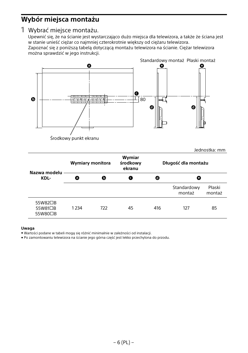 Wybór miejsca montażu, Wybrać miejsce montażu | Sony KDL-55W805B User Manual | Page 83 / 321