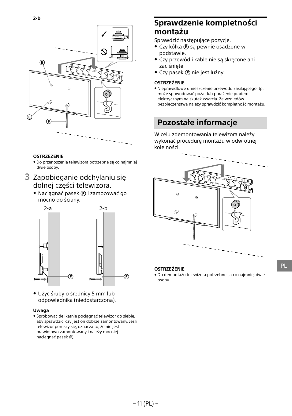 Sprawdzenie kompletności montażu, Pozostałe informacje | Sony KDL-55W805B User Manual | Page 88 / 321