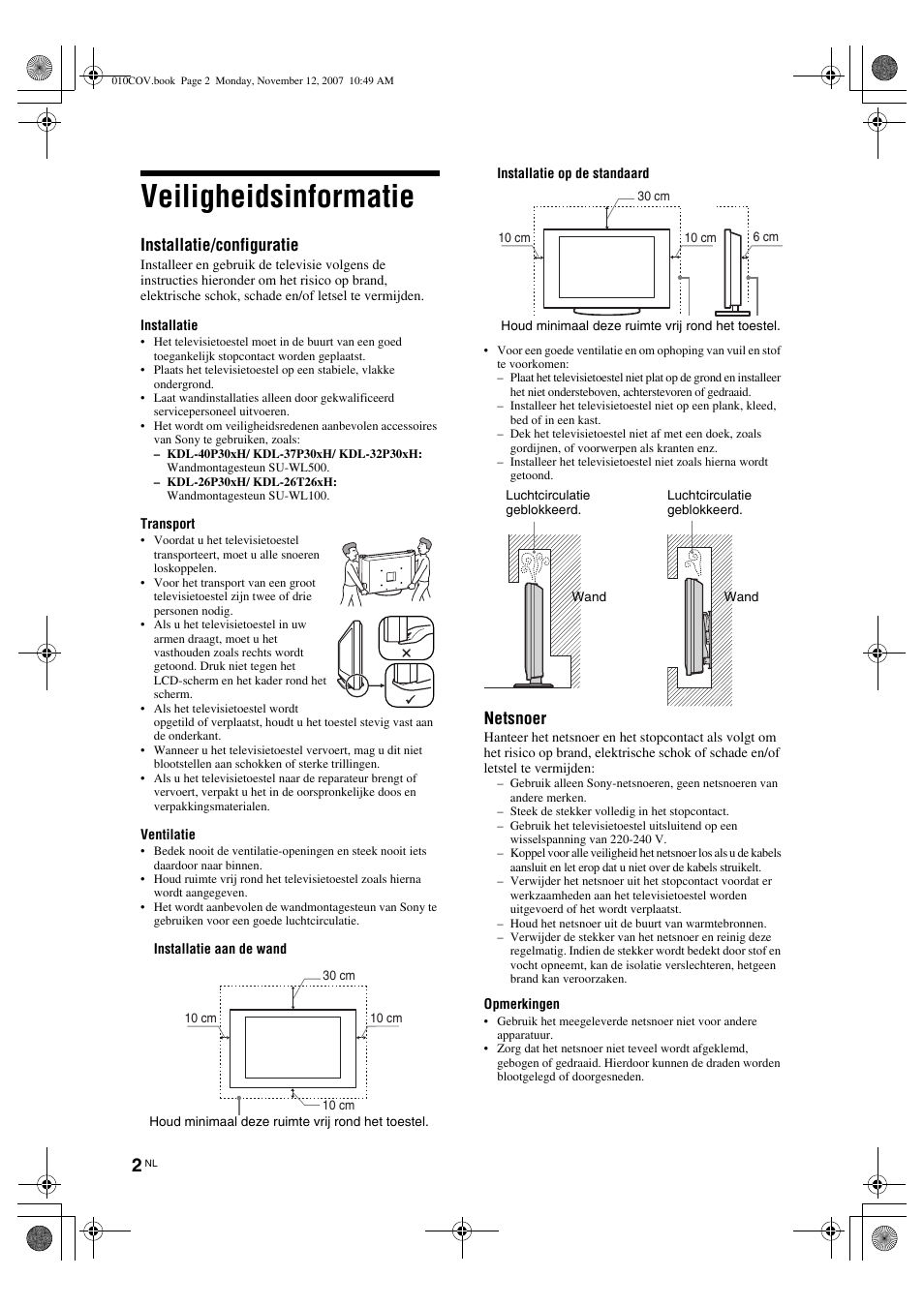 Veiligheidsinformatie, Installatie/configuratie, Netsnoer | Sony KDL-40P300H User Manual | Page 22 / 84