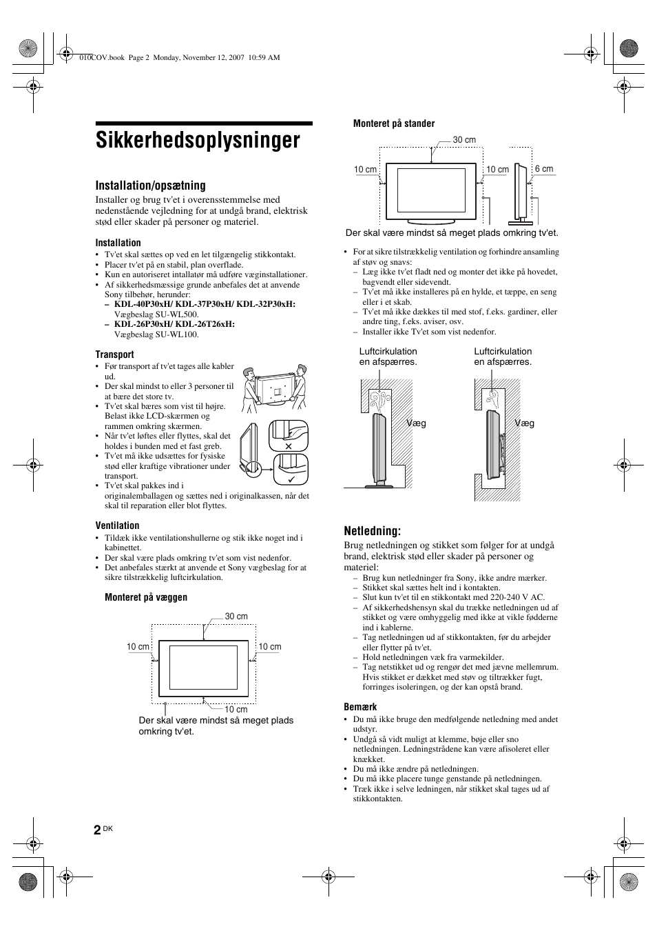 Sikkerhedsoplysninger, Installation/opsætning, Netledning | Sony KDL-40P300H User Manual | Page 66 / 84