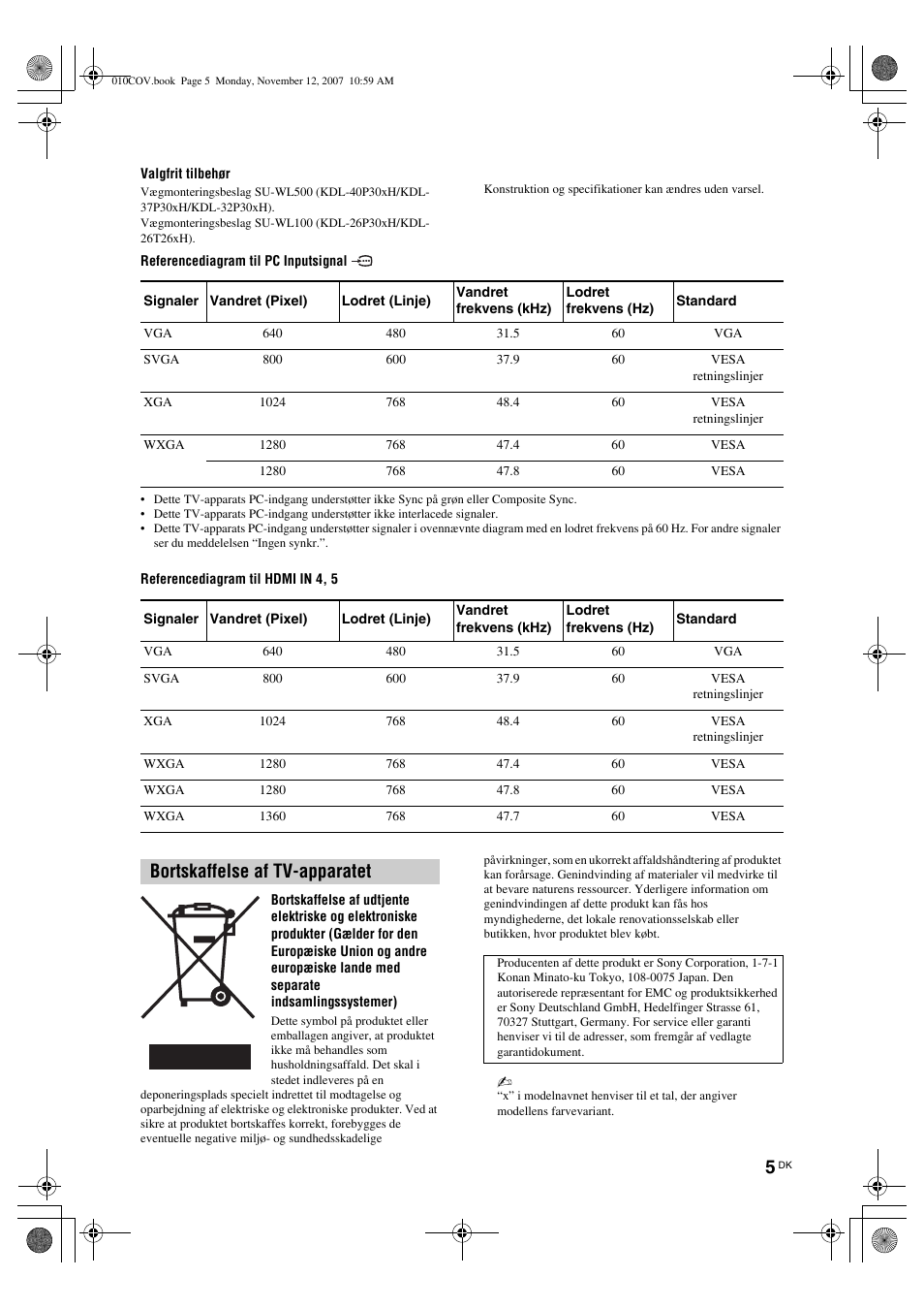 Bortskaffelse af tv-apparatet | Sony KDL-40P300H User Manual | Page 69 / 84