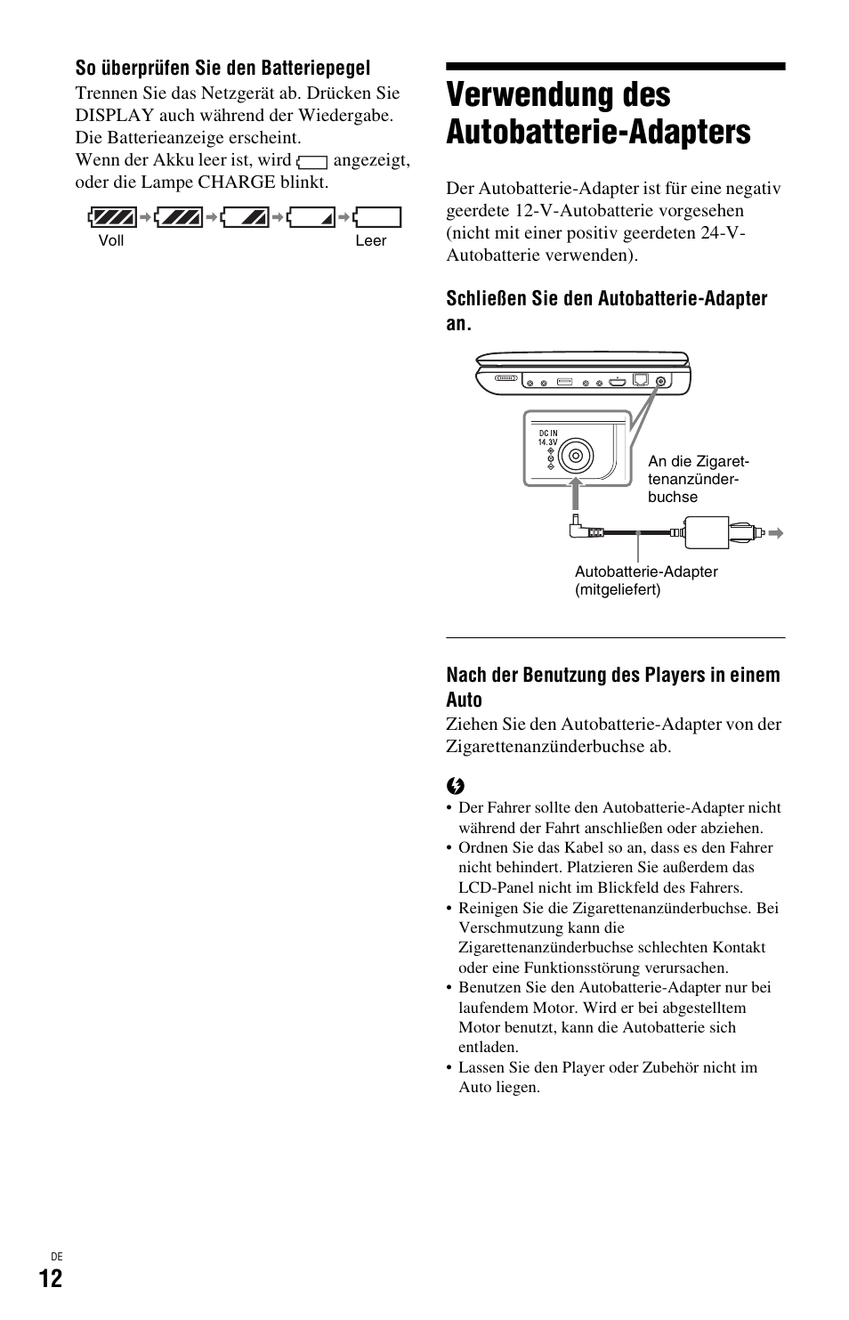 Verwendung des autobatterie-adapters | Sony BDP-SX1 User Manual | Page 72 / 184