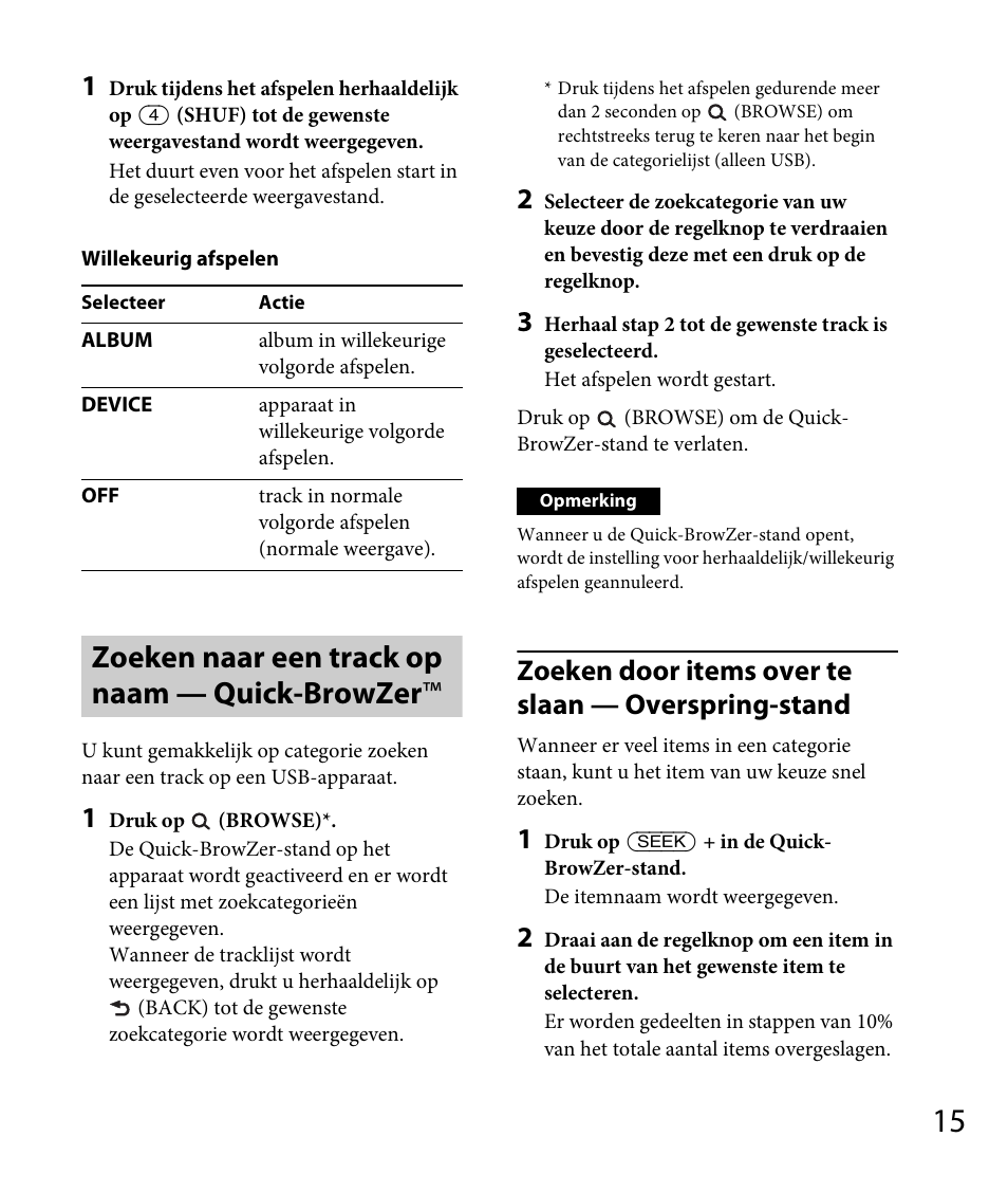 Zoeken naar een track op naam — quick-browzer, Zoeken door items over te slaan — overspring-stand | Sony DSX-A30 User Manual | Page 117 / 132