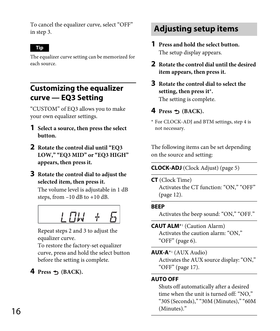 Adjusting setup items, Customizing the equalizer curve — eq3 setting | Sony DSX-A30 User Manual | Page 16 / 132