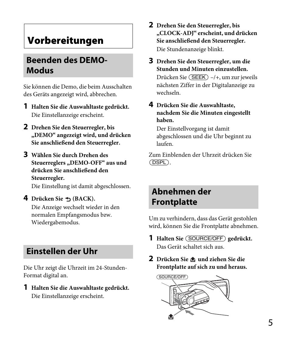 Vorbereitungen, Beenden des demo- modus, Einstellen der uhr | Abnehmen der frontplatte, Seite 5 na | Sony DSX-A30 User Manual | Page 27 / 132