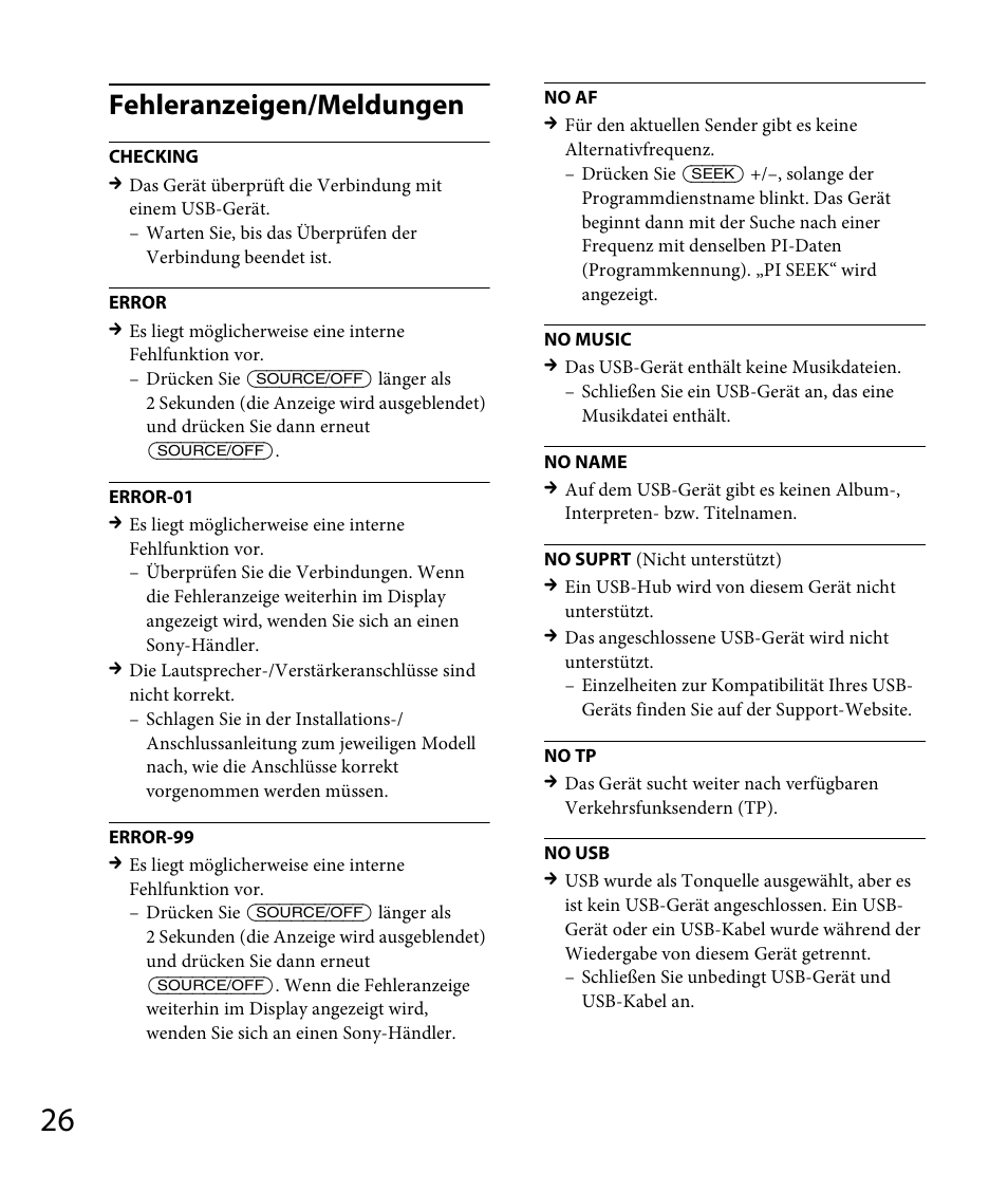 Fehleranzeigen/meldungen | Sony DSX-A30 User Manual | Page 48 / 132