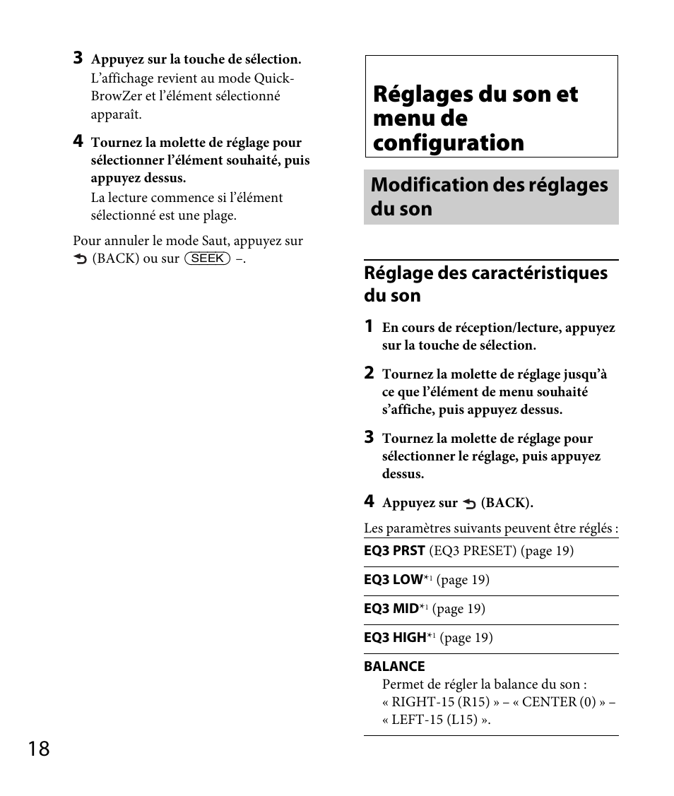 Réglages du son et menu de configuration, Modification des réglages du son, Réglage des caractéristiques du son 1 | Sony DSX-A30 User Manual | Page 66 / 132