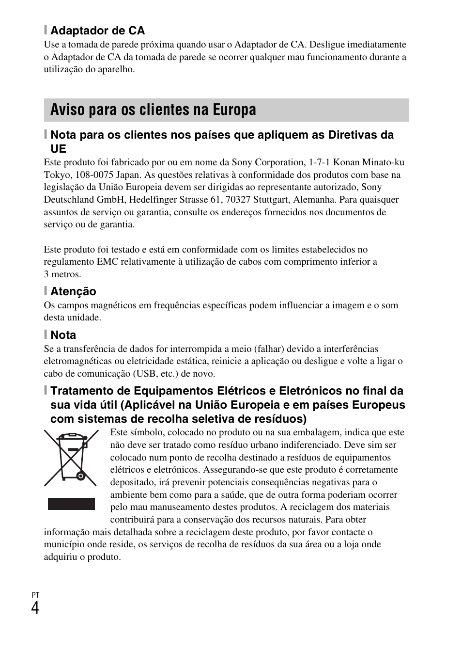 Aviso para os clientes na europa | Sony DSC-TF1 User Manual | Page 132 / 579