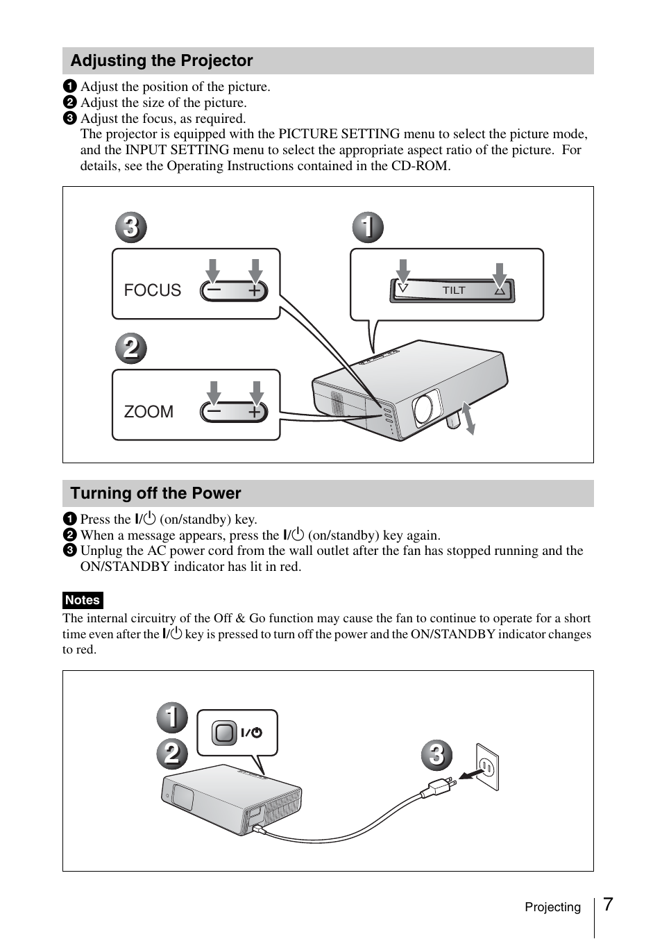 Adjusting the projector, Turning off the power | Sony VPL-CX70 User Manual | Page 19 / 88