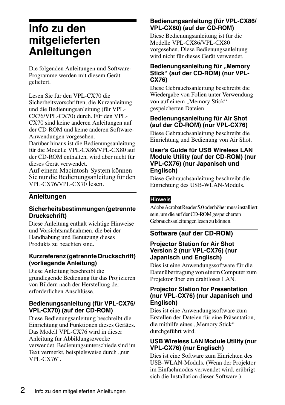 Info zu den mitgelieferten anleitungen | Sony VPL-CX70 User Manual | Page 50 / 88