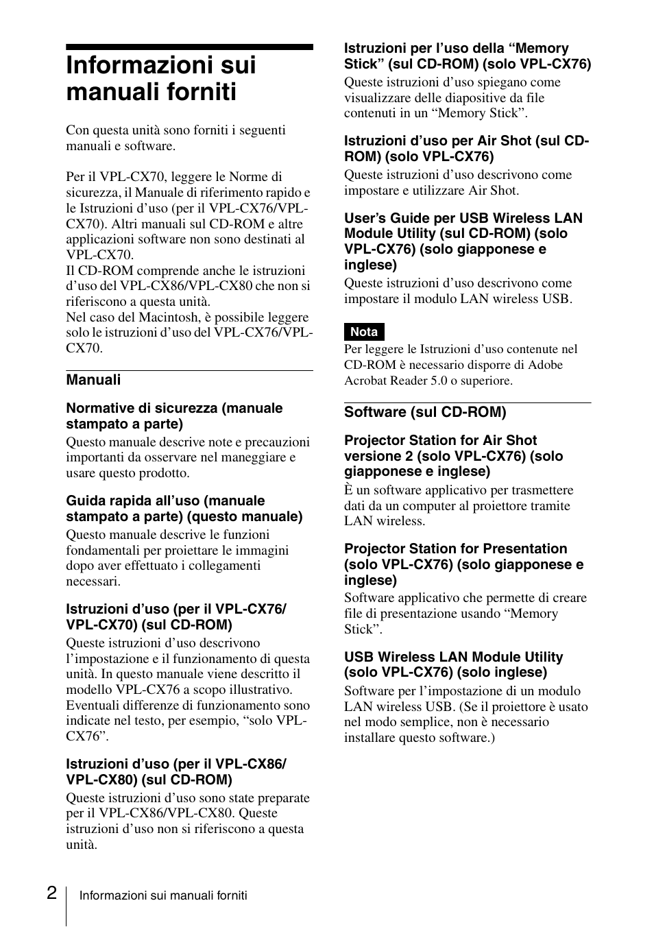 Informazioni sui manuali forniti | Sony VPL-CX70 User Manual | Page 62 / 88