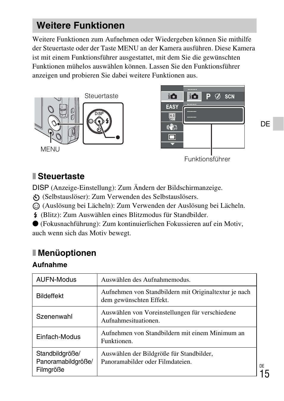 Weitere funktionen, Xsteuertaste, Xmenüoptionen | Sony DSC-W620 User Manual | Page 129 / 435
