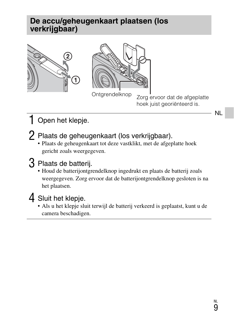 De accu/geheugenkaart plaatsen (los verkrijgbaar) | Sony DSC-W620 User Manual | Page 145 / 435