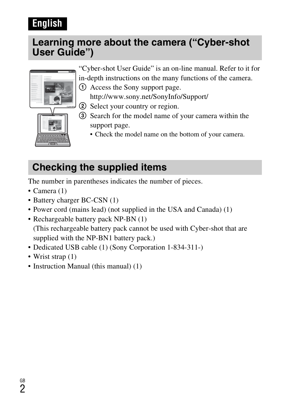 English, Checking the supplied items | Sony DSC-W620 User Manual | Page 2 / 435