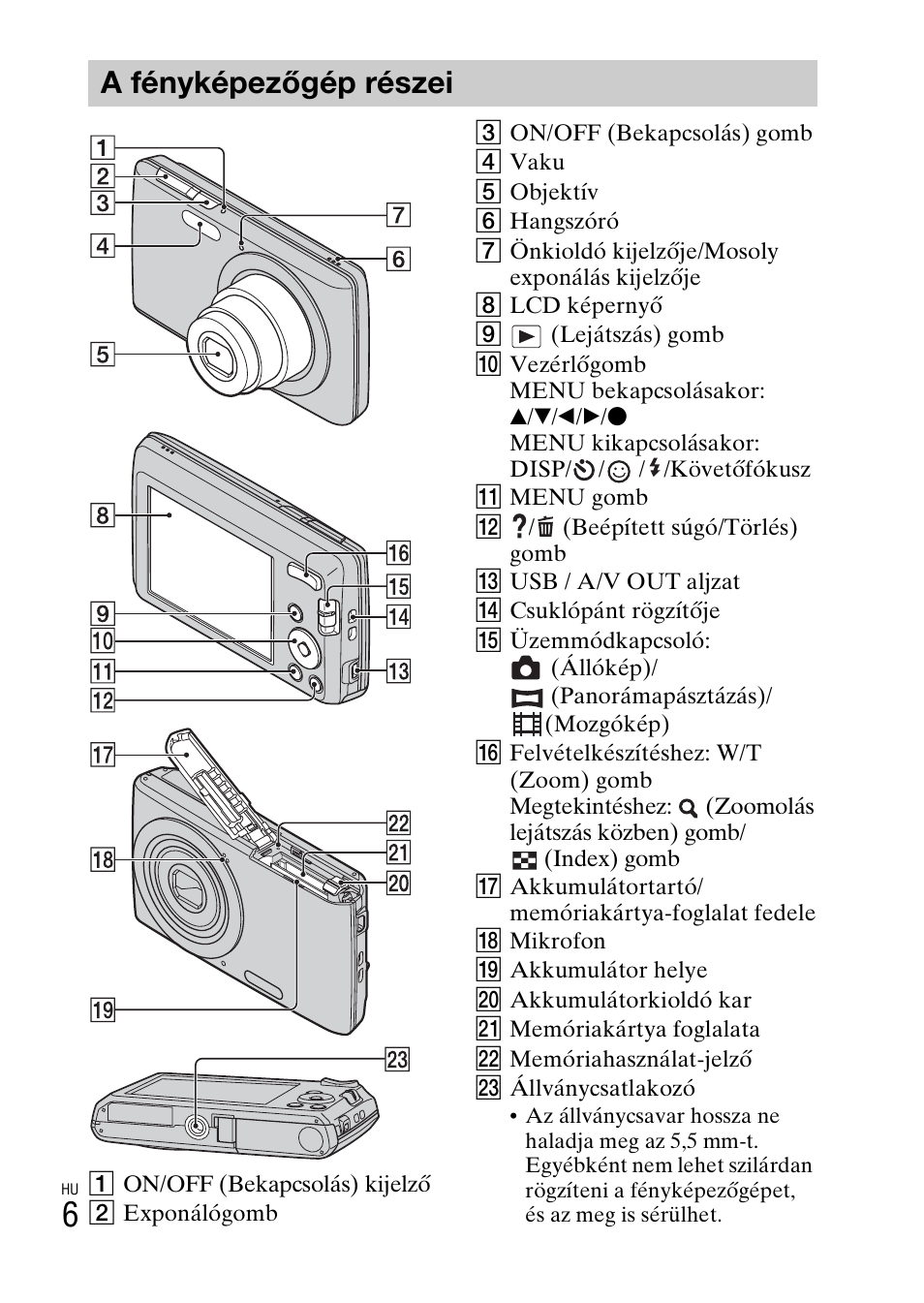 A fényképezőgép részei | Sony DSC-W620 User Manual | Page 210 / 435