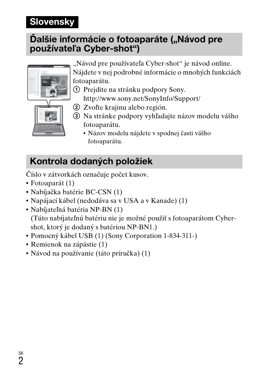 Slovensky, Kontrola dodaných položiek | Sony DSC-W620 User Manual | Page 228 / 435
