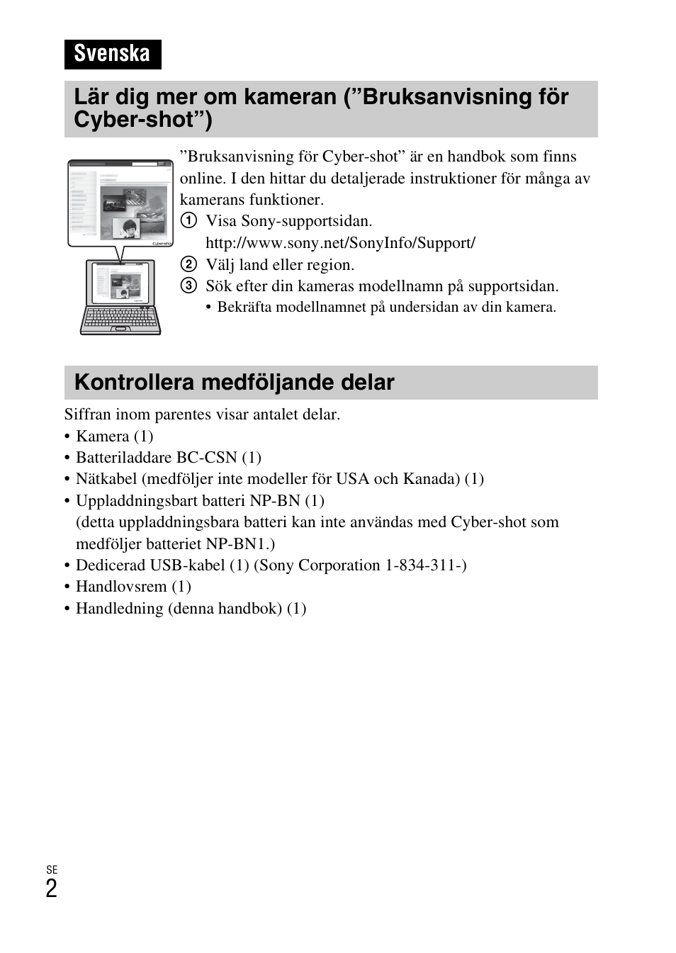 Svenska, Kontrollera medföljande delar | Sony DSC-W620 User Manual | Page 250 / 435