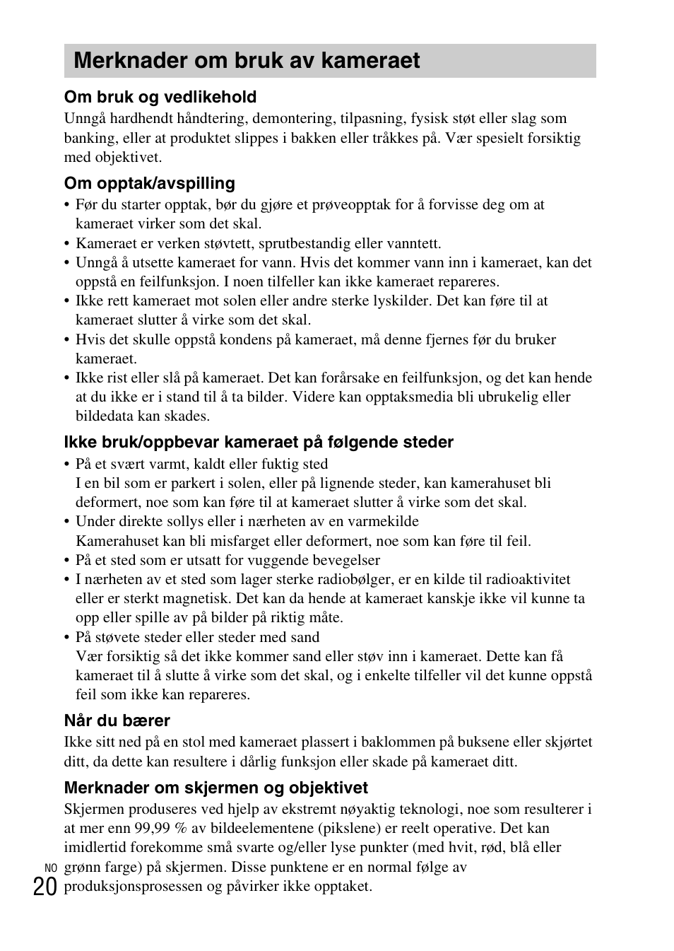 Merknader om bruk av kameraet | Sony DSC-W620 User Manual | Page 312 / 435