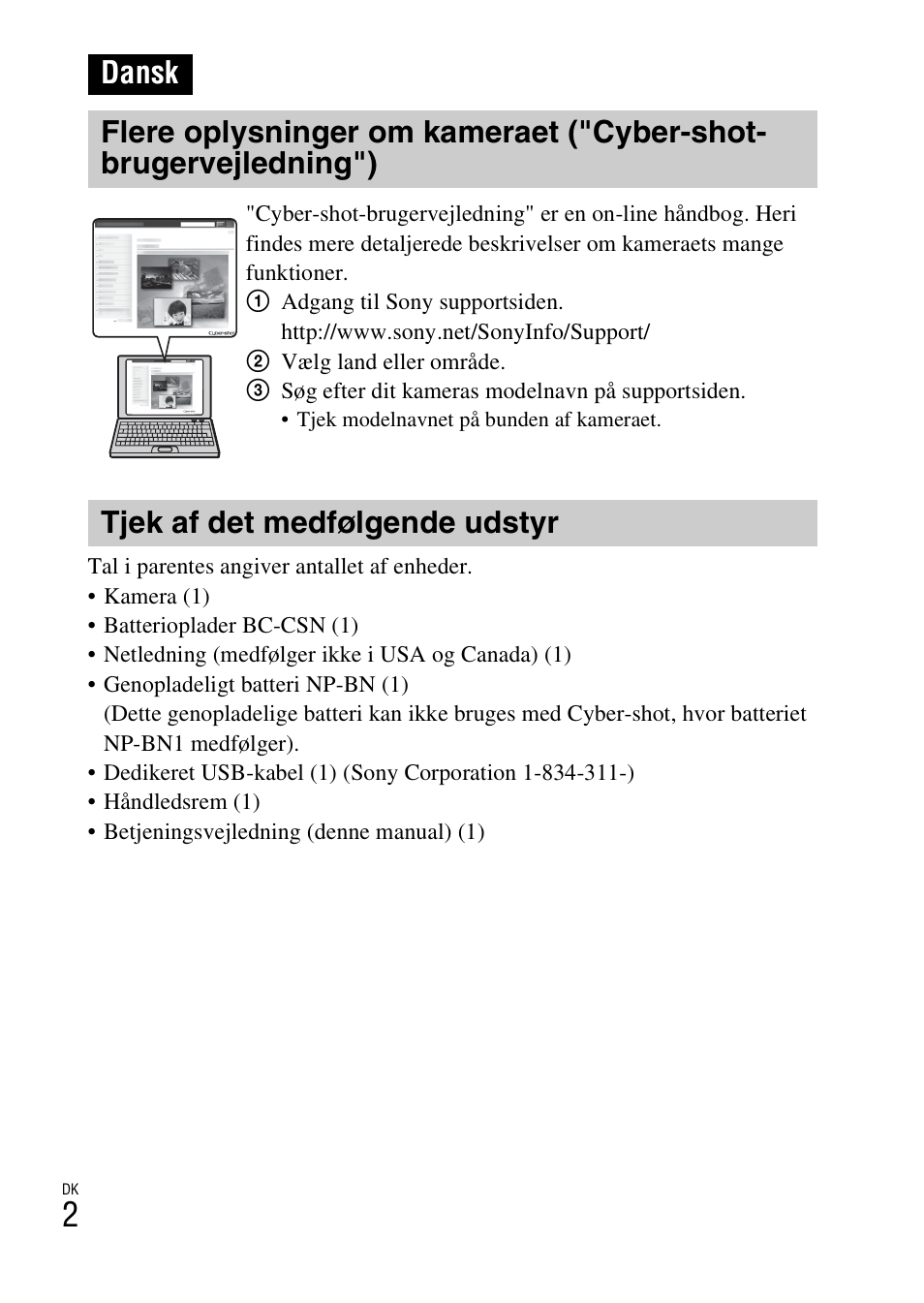 Dansk, Tjek af det medfølgende udstyr | Sony DSC-W620 User Manual | Page 316 / 435