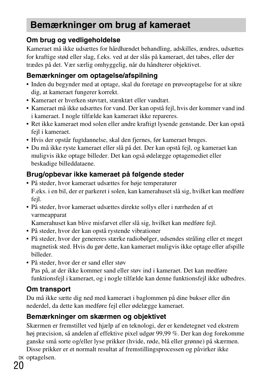 Bemærkninger om brug af kameraet | Sony DSC-W620 User Manual | Page 334 / 435
