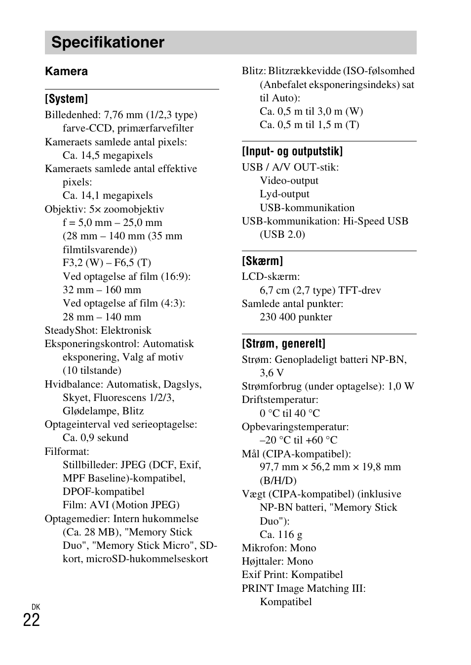 Specifikationer | Sony DSC-W620 User Manual | Page 336 / 435