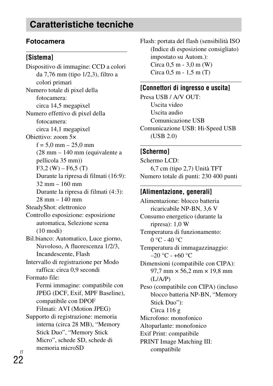 Caratteristiche tecniche | Sony DSC-W620 User Manual | Page 70 / 435