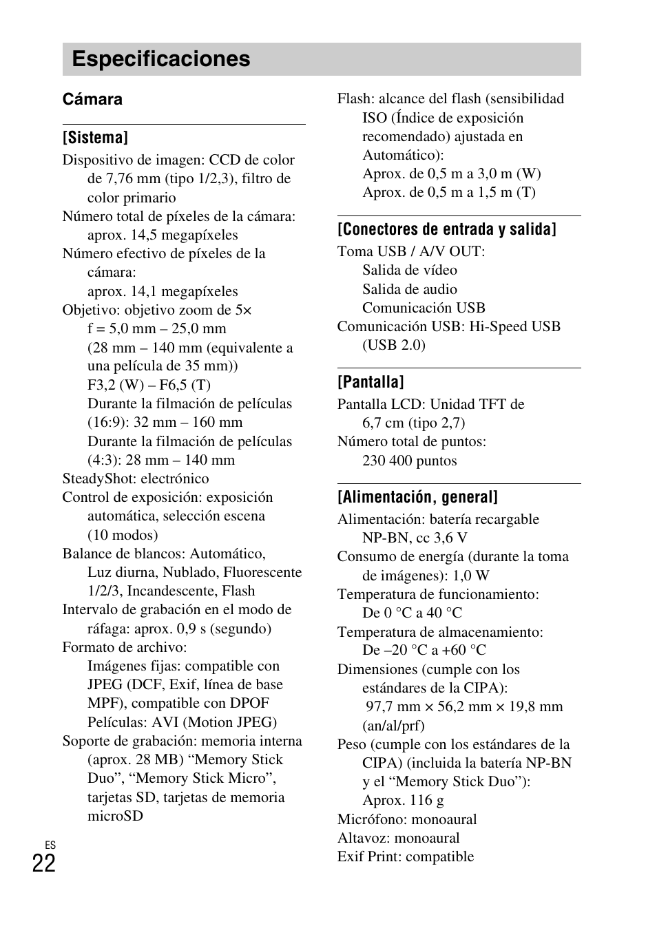Especificaciones | Sony DSC-W620 User Manual | Page 92 / 435