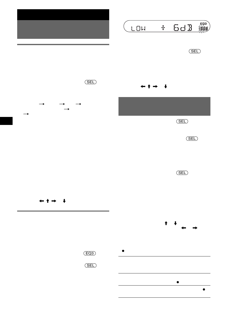 Autres fonctions, Modification des réglages du son, Réglage des caractéristiques du son - bal/fad/sub | Réglage de la courbe de l’égaliseur - eq3, Réglage des paramètres de configuration - set, Réglage des caractéristiques du son, Bal/fad/sub réglage de la courbe de l’égaliseur, Réglage des paramètres de configuration, Réglage des paramètres de configuration — set, Réglage des caractéristiques du son — bal/fad/sub | Sony CDX-S2250S User Manual | Page 44 / 92