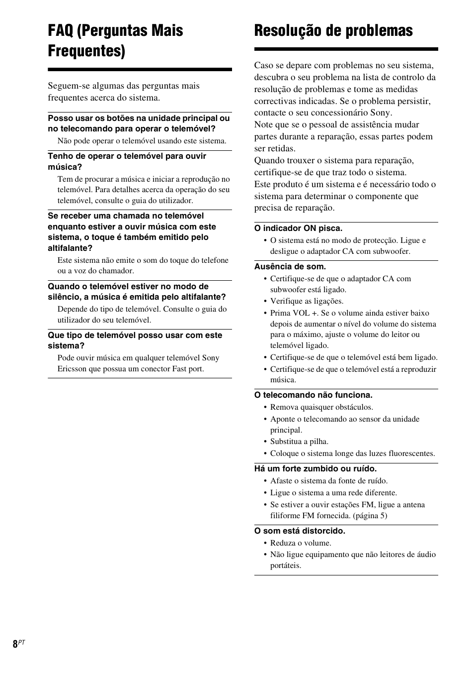 Faq (perguntas mais frequentes), Resolução de problemas | Sony CPF-MP001 User Manual | Page 88 / 100