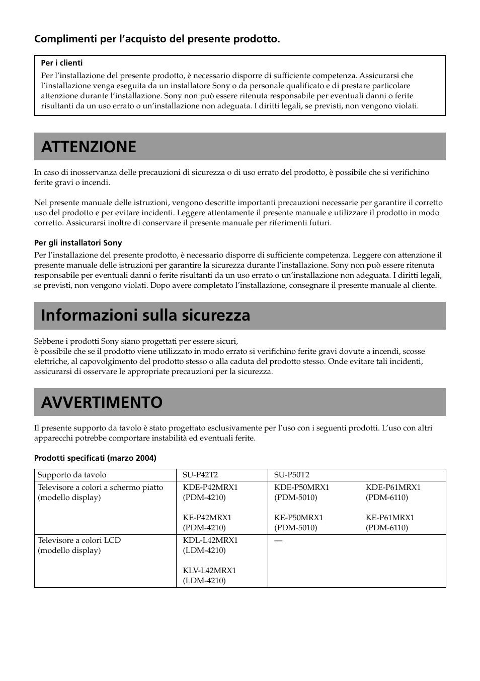Italiano(it), Attenzione, Informazioni sulla sicurezza | Avvertimento | Sony SU-P50T2 User Manual | Page 102 / 132