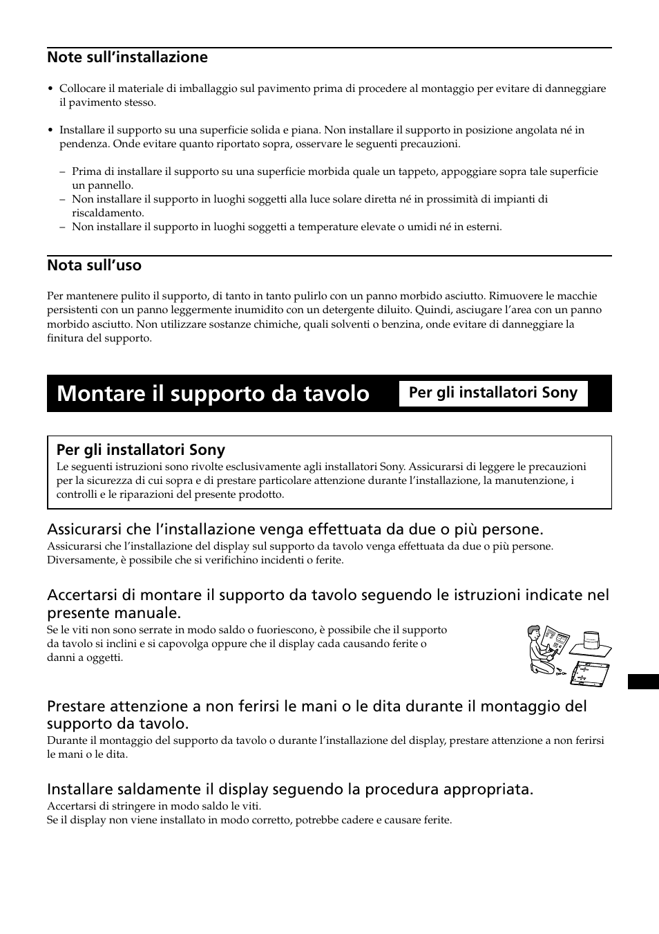 Montare il supporto da tavolo, Nota sull’uso, Per gli installatori sony | Sony SU-P50T2 User Manual | Page 105 / 132