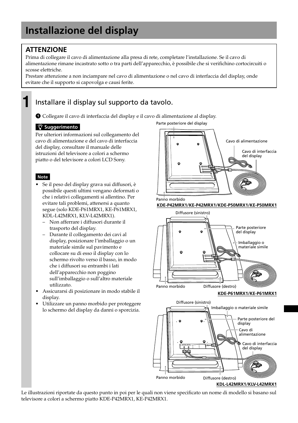 Installazione del display, Attenzione, Installare il display sul supporto da tavolo | Sony SU-P50T2 User Manual | Page 107 / 132
