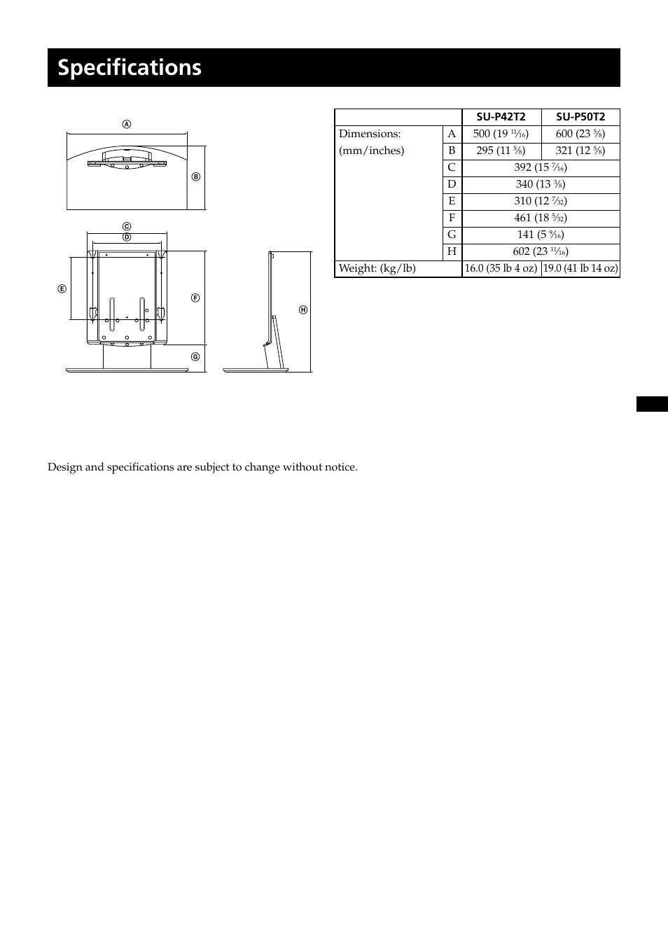 Specifications | Sony SU-P50T2 User Manual | Page 11 / 132
