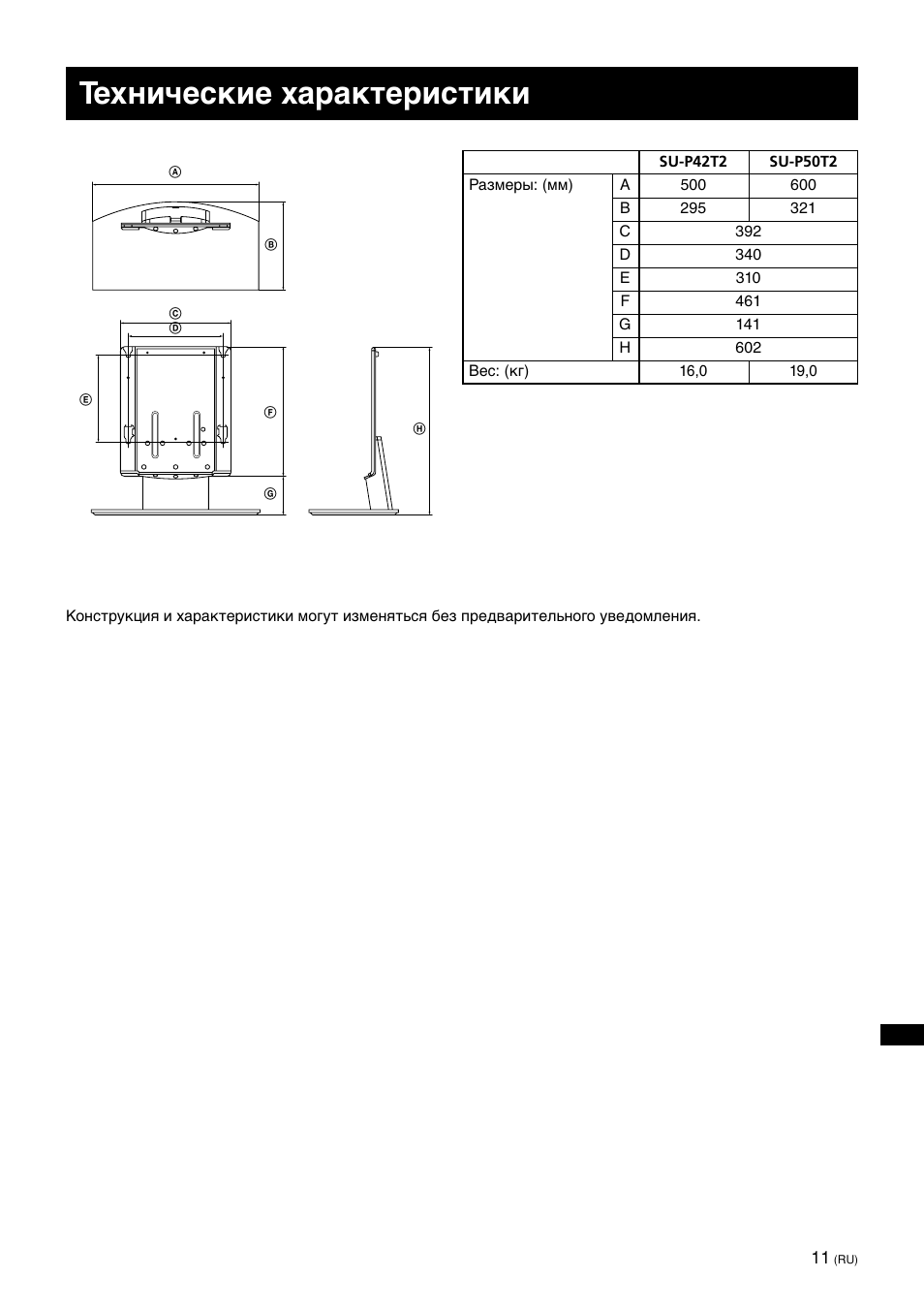 Texничecкиe xapaктepиcтики | Sony SU-P50T2 User Manual | Page 131 / 132